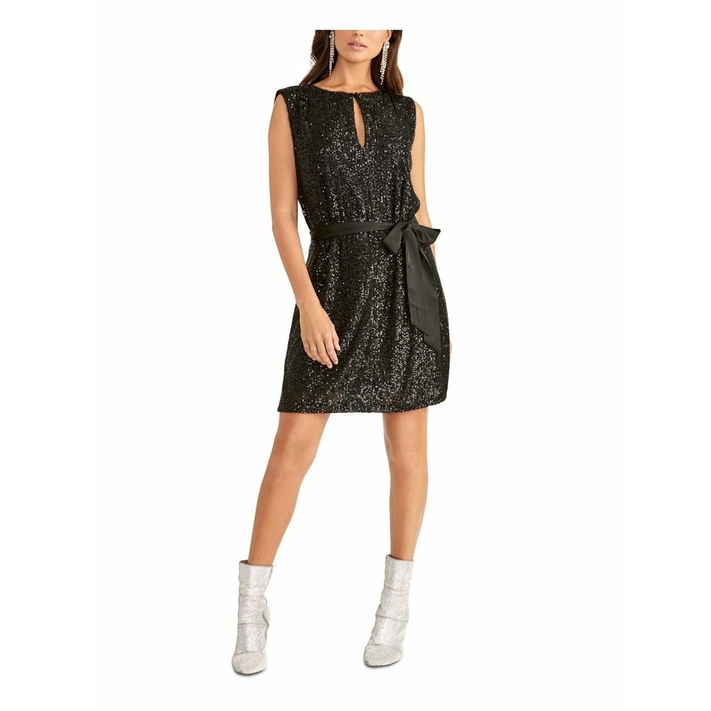 3/20 RACHEL Rachel Roy Black Glitter Sleeveless Keyhole Neck Shift Mini Dress XS - Picture 1 of 10